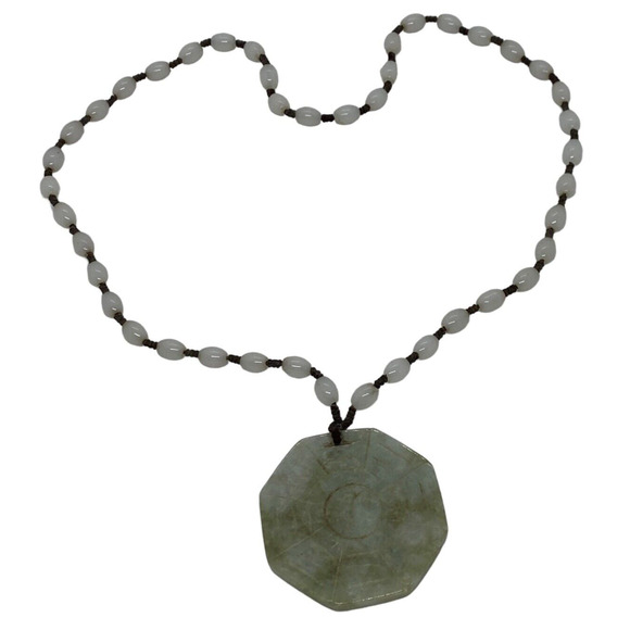 White Glass Bead 22" Necklace Green Nephrite Jade Carved Octagonal Pendant China - Picture 1 of 16